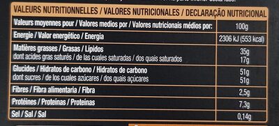 AUCHAN GOURMET CHOCOLAT AU LAIT FOURRÉ PRALINÉ et PÉPITES DE NOUGATINE 150G nutrition facts table