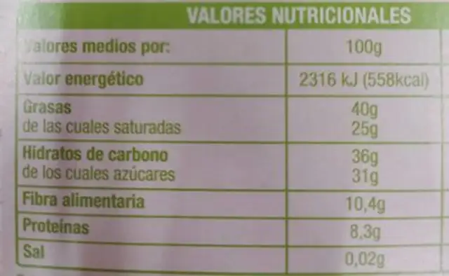 BIO Noir 70% nutrition facts table