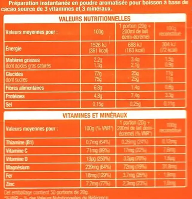Cao Kido Poudre cacaotée nutrition facts table