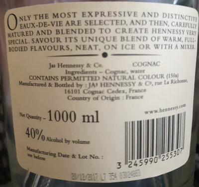 Hennessy VS COGNAC ingredients label