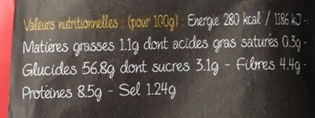 La Rustiguette nutrition facts table