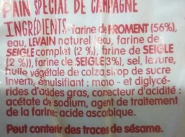 pain spécial avec levain de campagne ingredients label