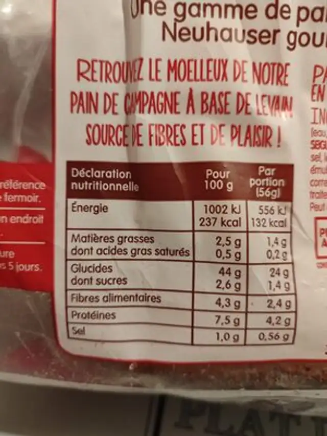 pain spécial avec levain de campagne nutrition facts table