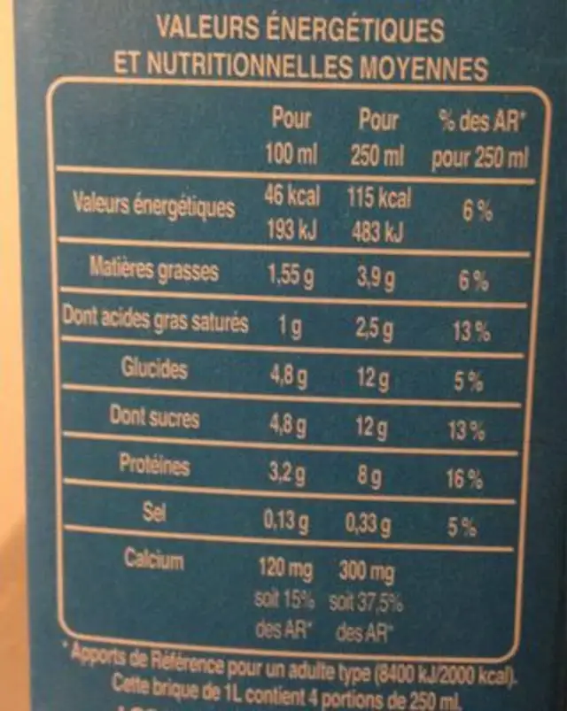 Lait 1/2 écrémé nutrition facts table