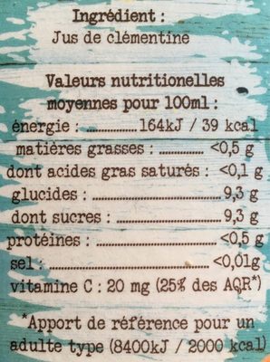 Pur Jus Clementine nutrition facts table