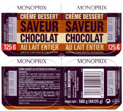 Crème dessert saveur chocolat au lait entier