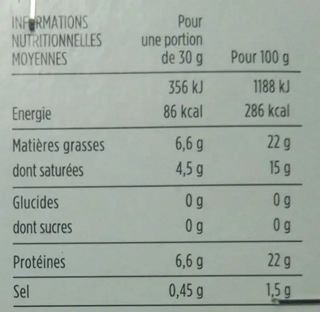 Petit Pont l'Evêque AOC, au lait de vache pasteurisé nutrition facts table