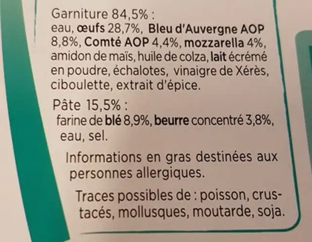 Tarte 3 Fromages 190g ingredients label