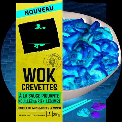 Wok de crevettes à la sauce piquante, nouilles de riz et légumes