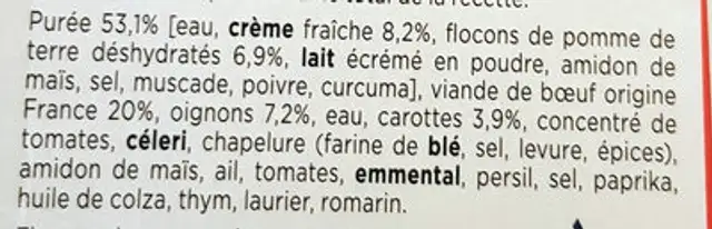Hachis parmentier ingredients label