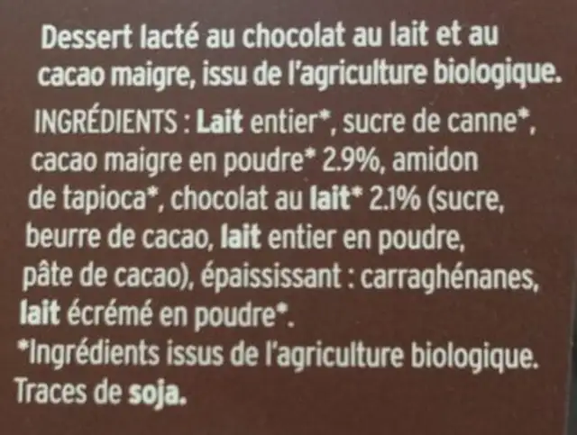 Creme dessert au chocolat ingredients label