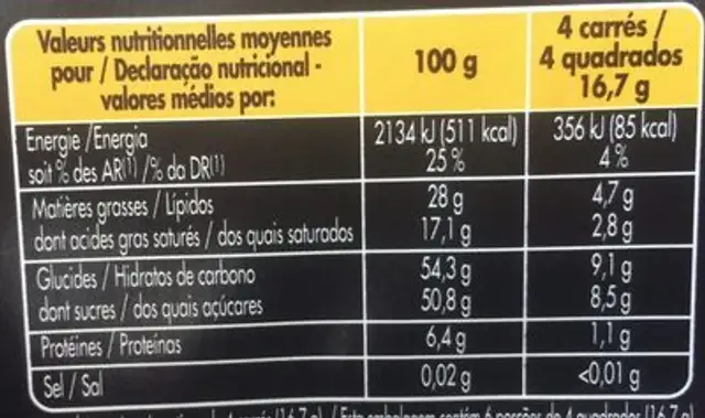 Chocolat noir superieur nutrition facts table