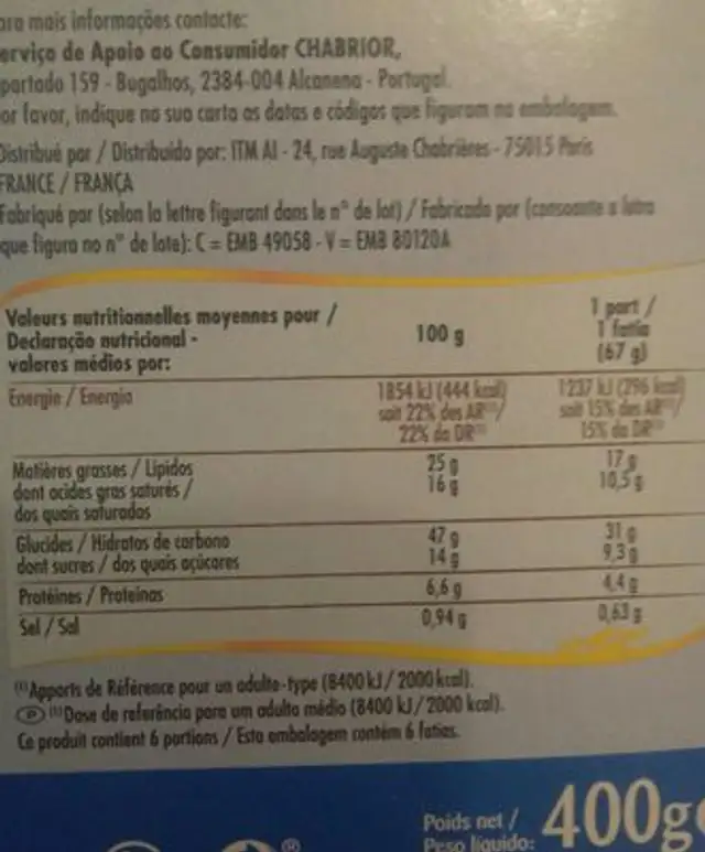 Galette Des Rois Frangipane 400g 6 parts ingredients label