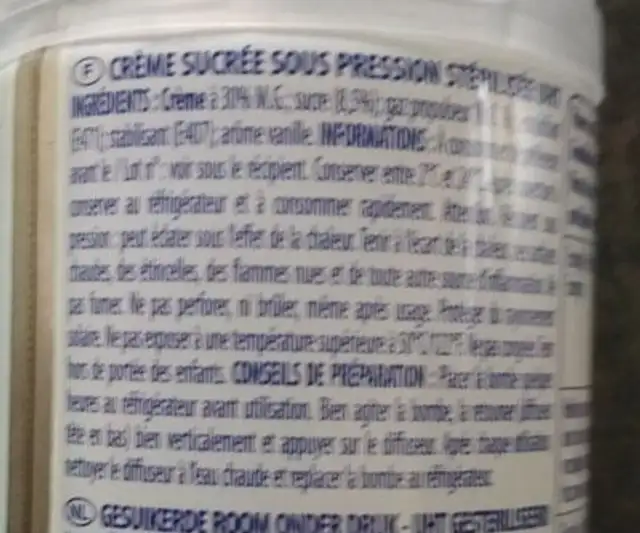 Crème entière fouettée ingredients label