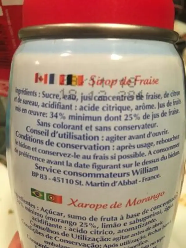 Sirop à La Fraise ingredients label