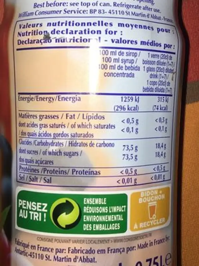 Sirop à La Grenadine ingredients label