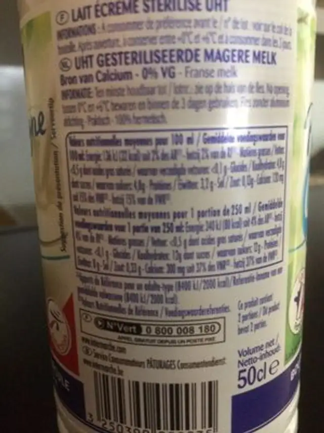 Lait Ecrémé Pâturages 50 cL - Printiligne ingredients label