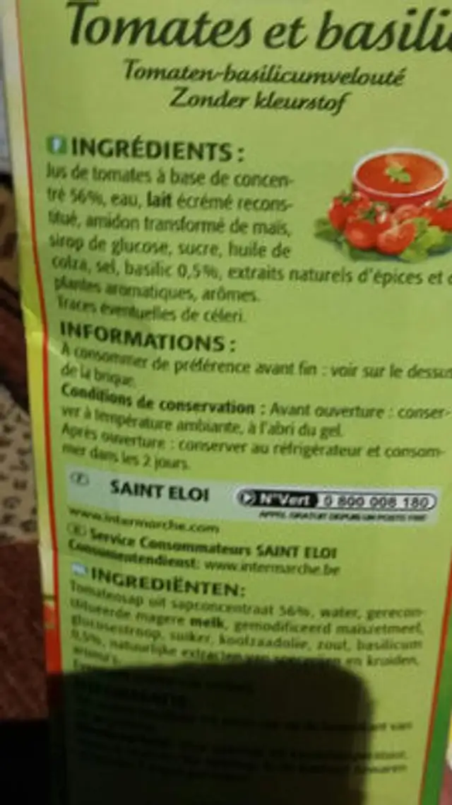 Potage St-eloi Tomate / Basilic ingredients label