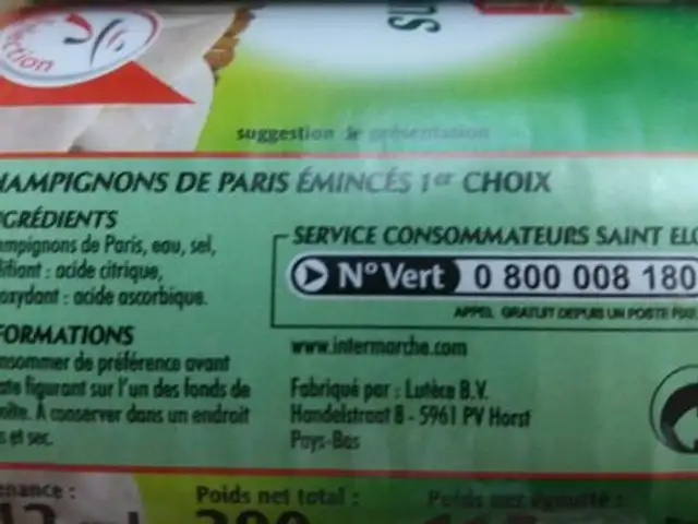 Champignons émincés 2 X 1 / 4 230 g ingredients label