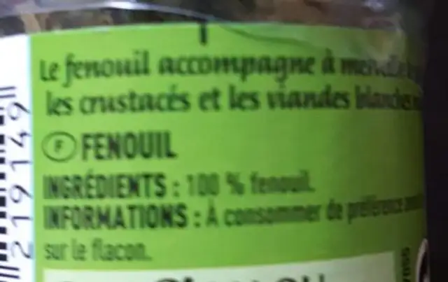 Cigalou Fenouil ingredients label