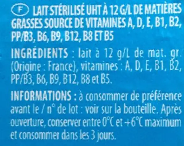 Lait Demi-écrémé Stérilisé Uht, 11 Vitamines, 6 x 1l, 6l ingredients label