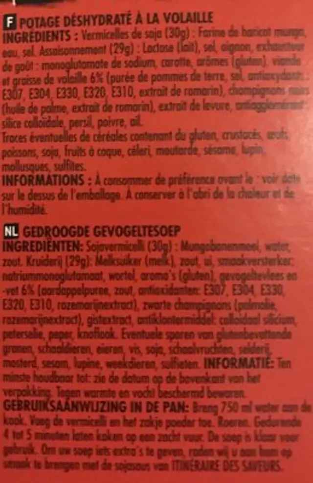 Potage a La Volaille ingredients label