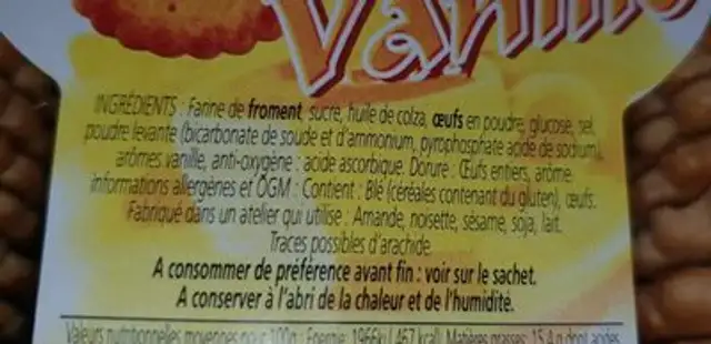 Sablés saveur vanille ingredients label