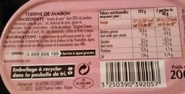 Terrine De Jambon, Label Rouge, La Boite De 200 gr ingredients label