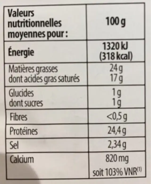 Mimolette les tranchettes nutrition facts table
