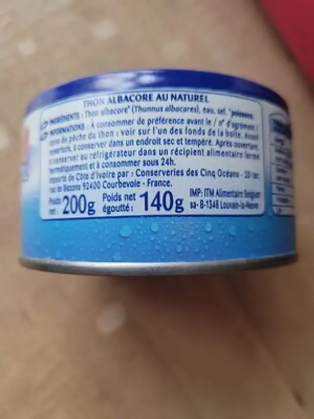 Thon albacore au naturel tranche emboité cru 200g 140g (1/4) ingredients label