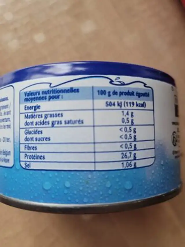 Thon albacore au naturel tranche emboité cru 200g 140g (1/4) nutrition facts table
