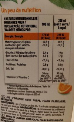 Pur jus orange pulpe brique 1l nutrition facts table