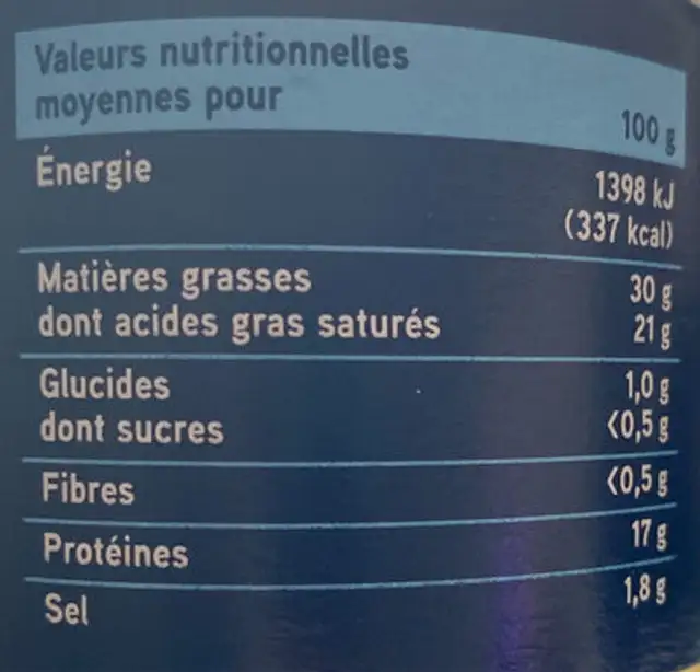 Le bleu 250g nutrition facts table