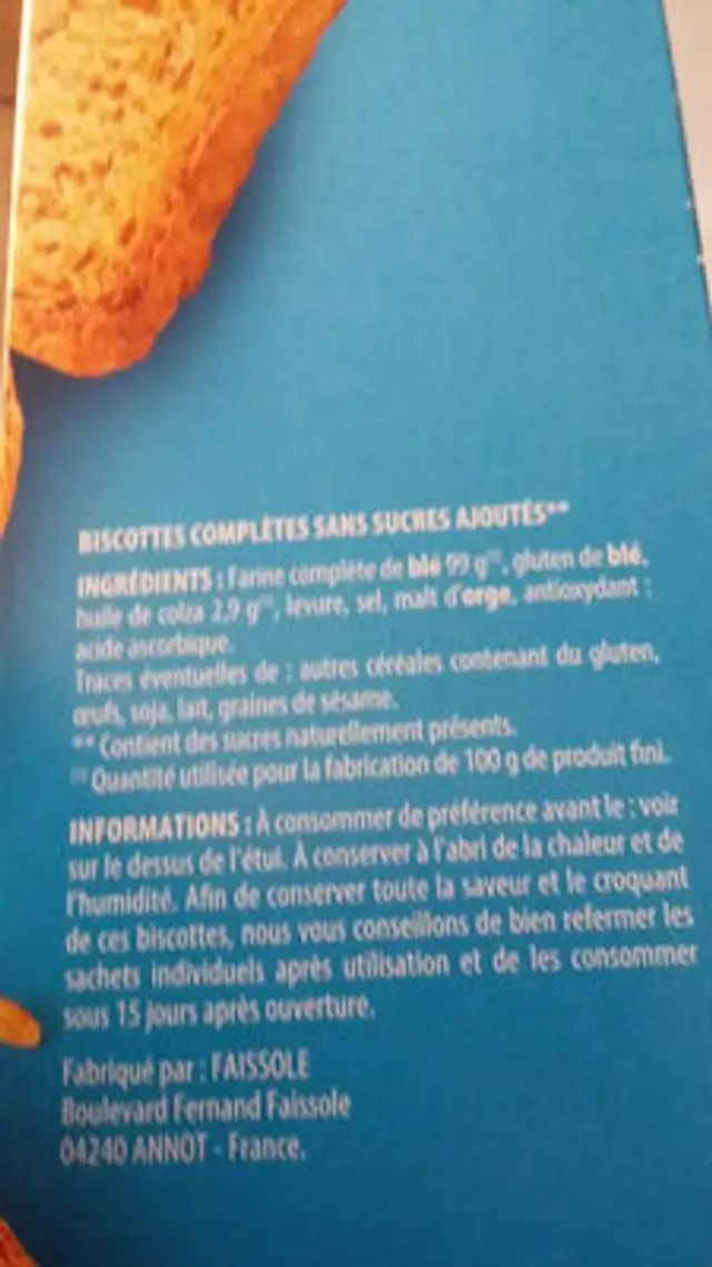 Biscottes complètes sans sucre ajouté ingredients label
