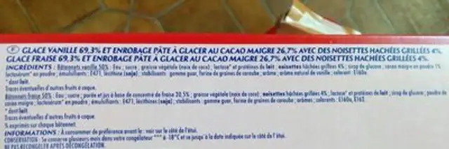 Bâtonnet vanille x6 - fraise x6 enrobage cacao noisettes (G) - 60mL ingredients label
