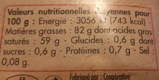 Beurre d'Isigny extra-fin doux nutrition facts table