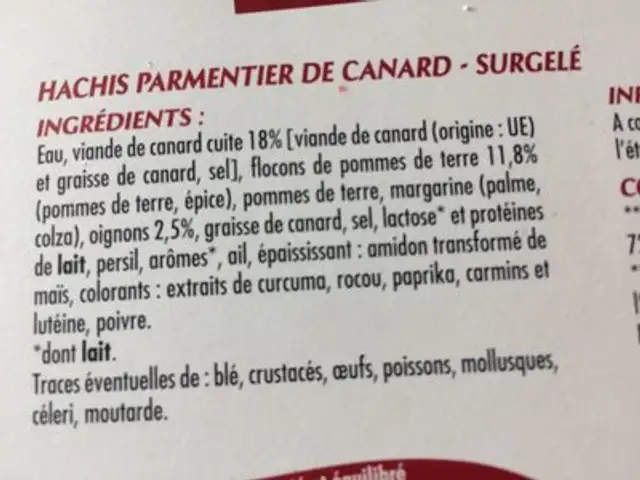Parmentier de Canard ingredients label