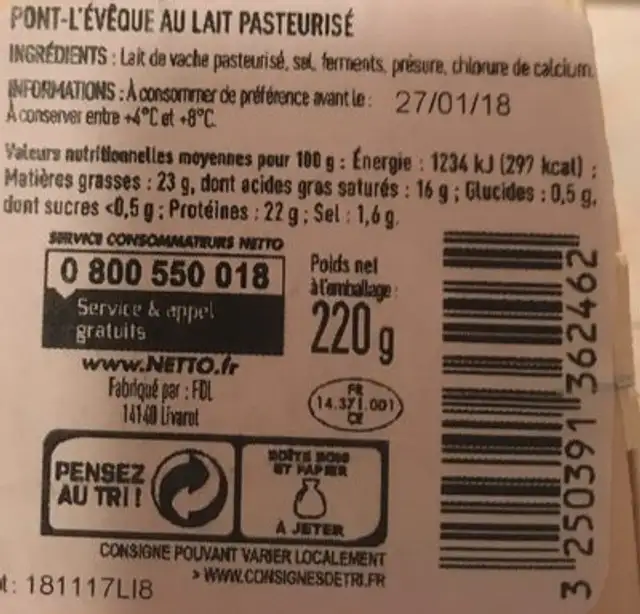 Pont l eveque aop lp 220g nutrition facts table