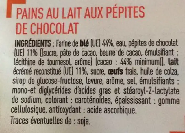 Pains au lait aux pépites de chocolat *10 350g ingredients label