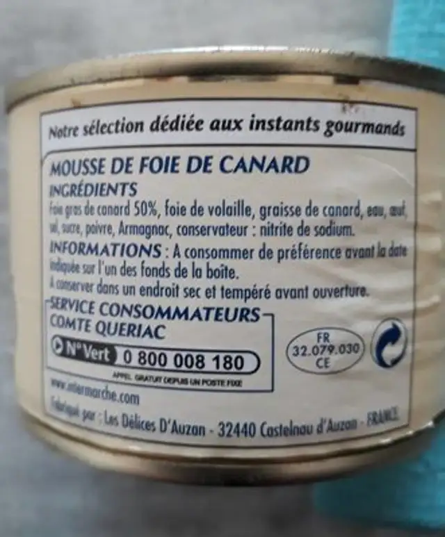 Mousse De Foie De Canard Spécial Toasts ingredients label