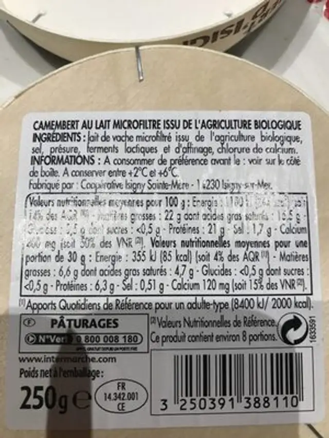 Camembert d'Isigny ingredients label