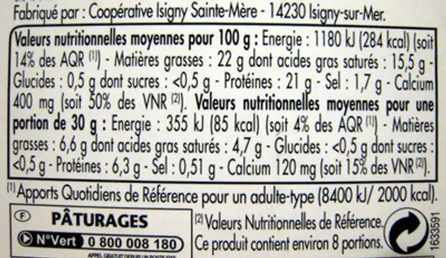Camembert bio 250g nutrition facts table