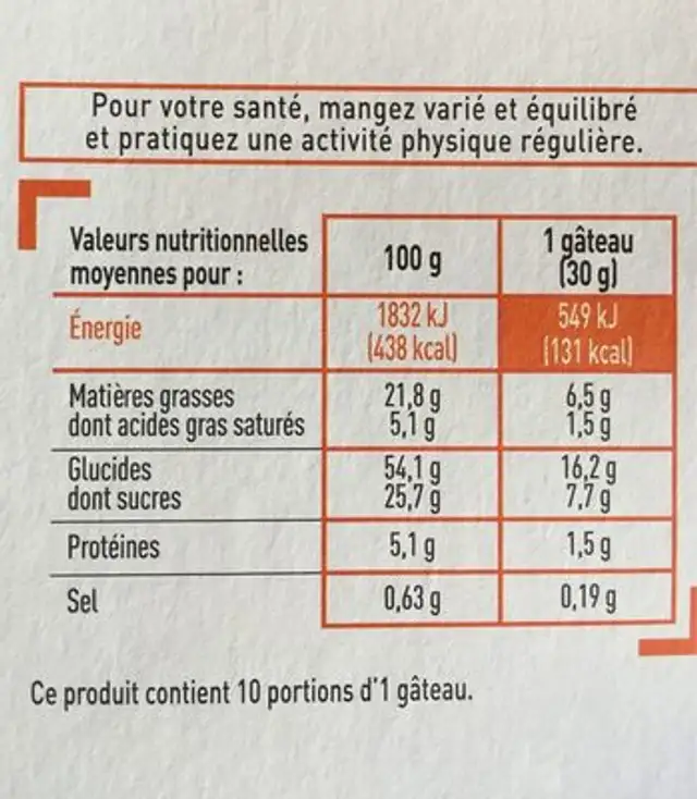 Snack Pépit' - aux pépites de chocolat x10 nutrition facts table