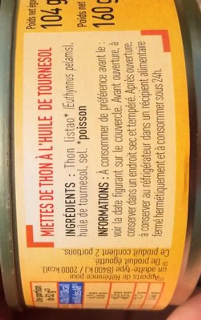 Miettes de thon ingredients label