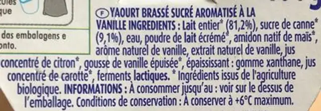 Yaourt brasse a la vanille bio 4x100g ingredients label