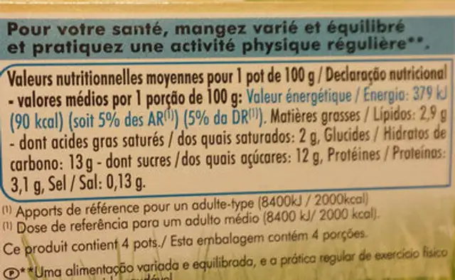 Yaourt brasse a la vanille bio 4x100g nutrition facts table