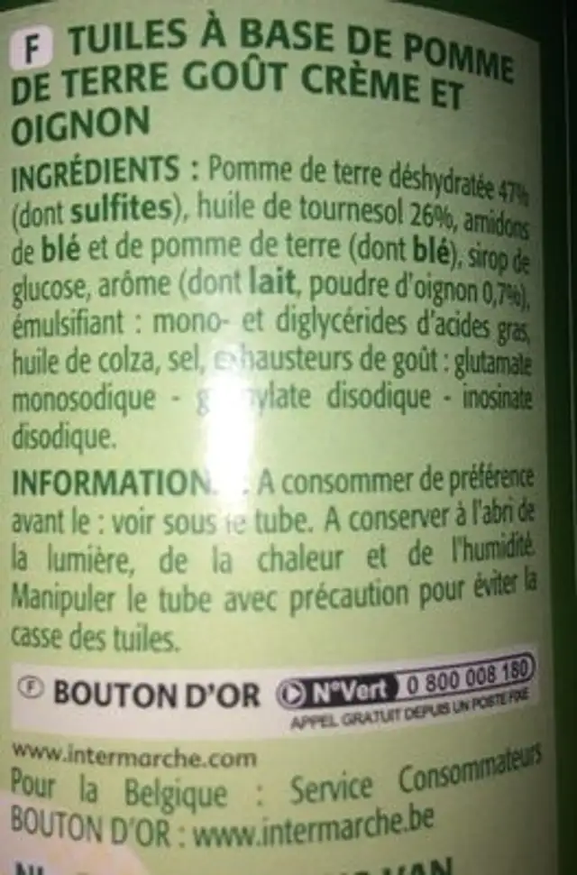 Tuiles saveur crème oignon ingredients label