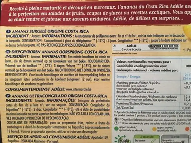Ananas coupé en morceaux ingredients label