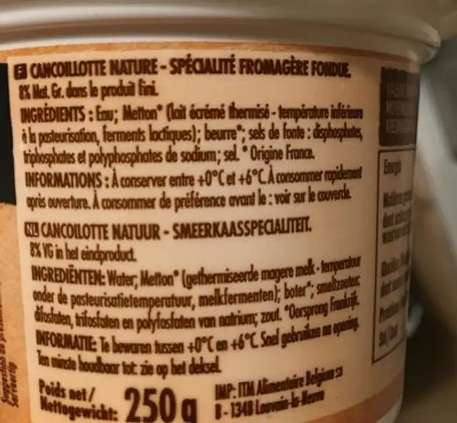 Cancoillotte ingredients label