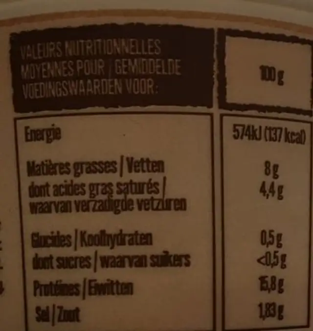 Cancoillotte nutrition facts table